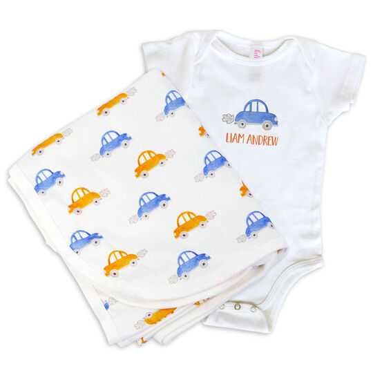 Vroom Onesie and Baby Blanket Set